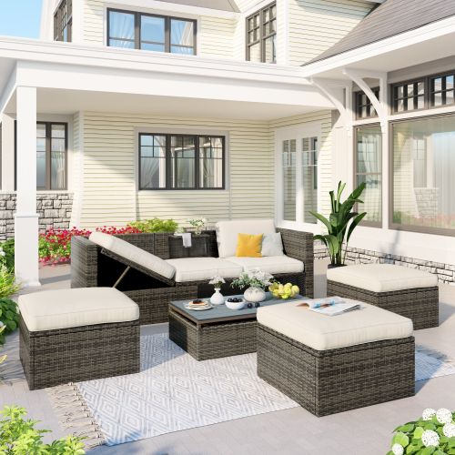 Patio Furniture Sets;  5-Piece Patio Wicker Sofa with Adustable Backrest;  Cushions;  Ottomans and Lift Top Coffee Table