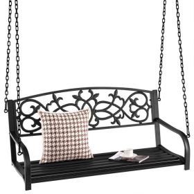 2-Person Outdoor Porch Metal Hanging Swing Chair with Sturdy Chains (Color: Black)