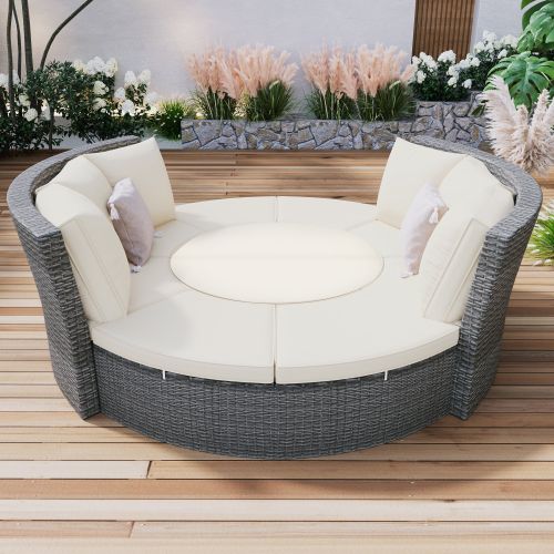 Patio 5-Piece Round Rattan Sectional Sofa Set All-Weather PE Wicker Sunbed Daybed with Round Liftable Table and Washable Cushions for Outdoor Backyard Patio 5-Piece Round Rattan Sectional Sofa Set All-Weather PE Wicker Sunbed Daybed with Round Liftable Table and Washable Cushions for Outdoor Backyard