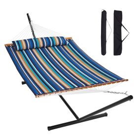 VEVOR Two Person Hammock with Stand Included Heavy Duty 480lb Capacity, Double Hammock with 12 FT Steel Stand and Portable Carrying Bag and Pillow, Fr (Color: Blue-Green Color Scheme, Type of Support: T Type)