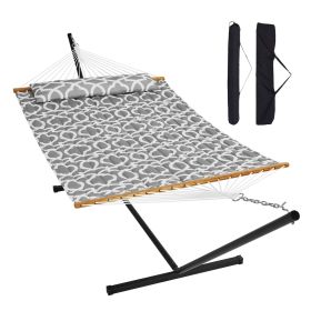 VEVOR Two Person Hammock with Stand Included Heavy Duty 480lb Capacity, Double Hammock with 12 FT Steel Stand and Portable Carrying Bag and Pillow, Fr (Color: Grey White, Type of Support: T Type)