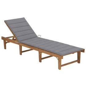 Folding Sun Lounger with Cushion Solid Acacia Wood (Color: Gray)