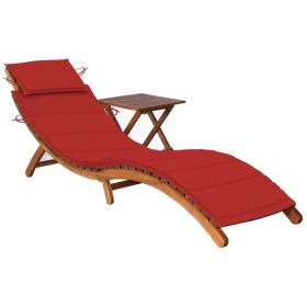 Patio Sun Lounger with Table and Cushion Solid Acacia Wood (Color: Red)